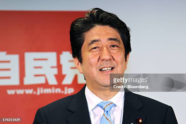 Shinzo Abe, Japan's prime minister and president of the Liberal Democratic Party , attends a news conference following a victory in the upper house...