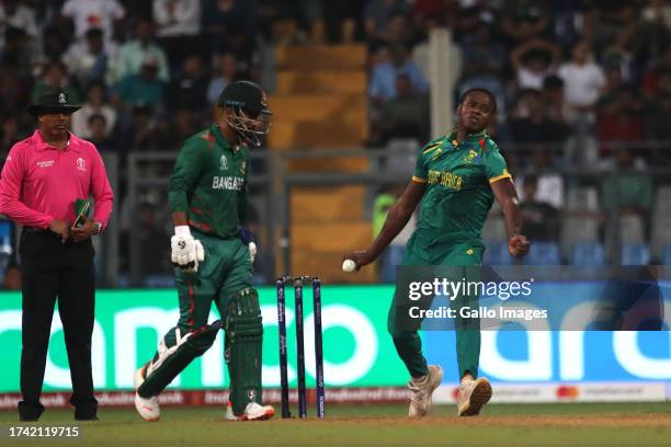 Kagiso Rabada of South Africa delivers a ball during the ICC Men's Cricket World Cup 2023 match between South Africa and Bangladesh at Wankhede...