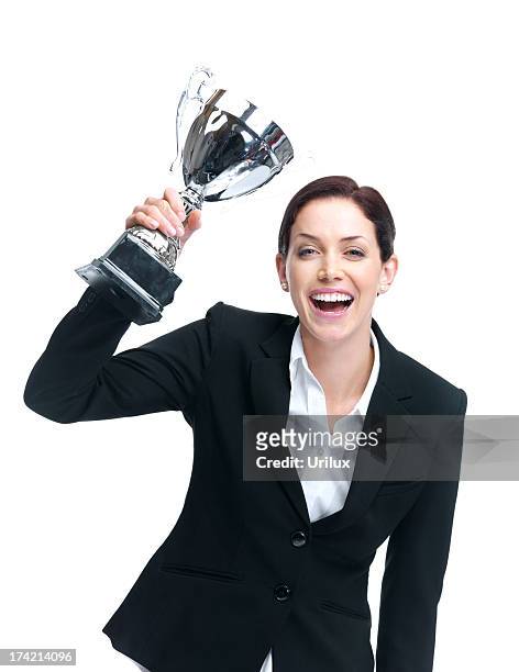 premio-entusiasti giovani business donna vincere un trofeo - donna trofeo foto e immagini stock