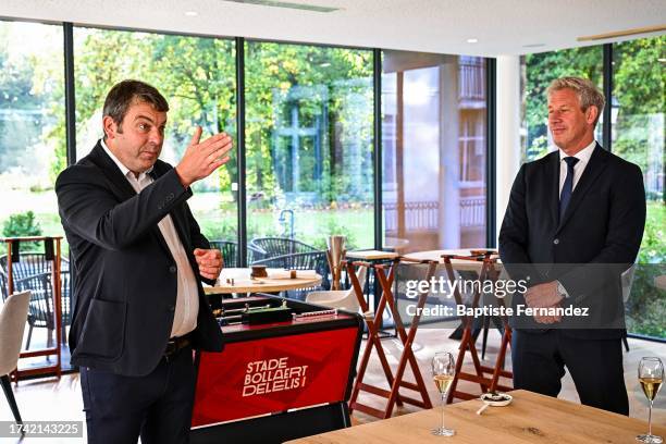 Arnaud POUILLE, general director of RC Lens and Marcel BRANDS, president of PSV Eindhoven prior to the UEFA Champions League match between Racing...