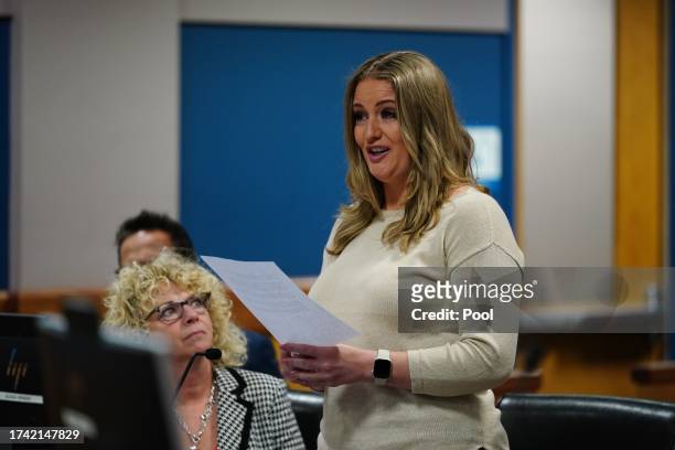Jenna Ellis reads a statement after pleading guilty to a felony count of aiding and abetting false statements and writings, inside Fulton Superior...