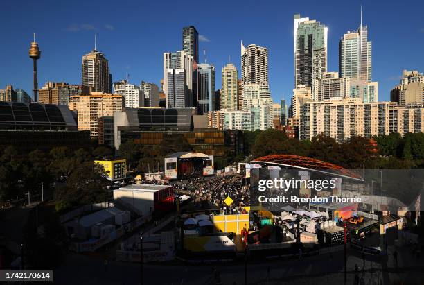 General view of Tumbalong Park with the skyline in the background during SXSW Sydney on October 18, 2023 in Sydney, Australia.