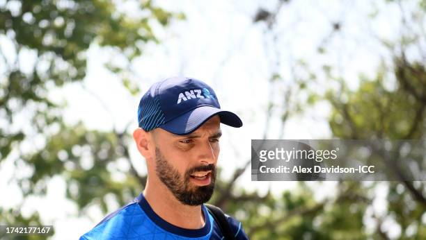 Daryl Mitchell of New Zealand arrives ahead of the ICC Men's Cricket World Cup India 2023 between New Zealand and Afghanistan at MA Chidambaram...