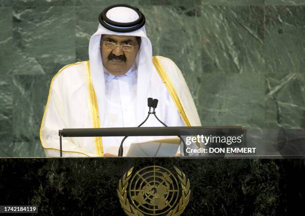 Emir of Qatar Sheikh Hamad bin Khalifa Al-Thani delivers his address September 23, 2010 during the 65th session of the General Assembly at the United...