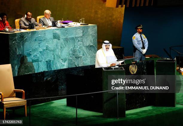 Qatar's Emir Sheikh Hamad Bin Khalifa Al-Thani addresses the 65th General Assembly at the United Nations headquarters in New York, September 23,...