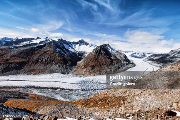panoramic view of aletsch glacier in the swiss alps - aletsch glacier stock pictures, royalty-free photos & images