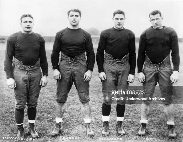 Group portrait of Knute Rockne's famous backfield at Notre Dame, from left to right, Quarterback Frank Carideo, fullback Joe Savoldi, halfback...