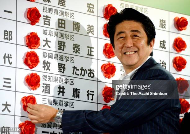 Japanese Prime Minister and ruling Liberal Democratic Party president Shinzo Abe places paper flowers to candidates who won seats at the LDP...