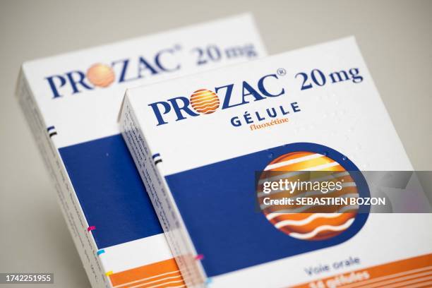 The picture taken on October 24 shows Prozac boxes, antidepressant for the treatment of severe depression, in a pharmacy in Riedisheim, eastern...