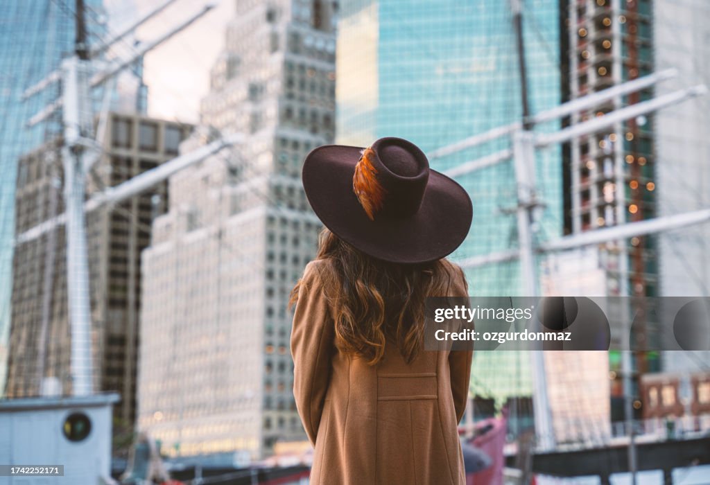 Attractive mature woman posing at Pier 17 Lower Manhattan , NY