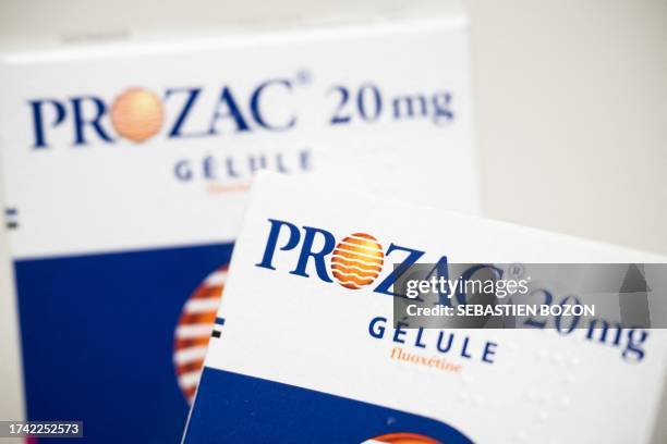The picture taken on October 24 shows Prozac boxes, antidepressant for the treatment of severe depression, in a pharmacy in Riedisheim, eastern...