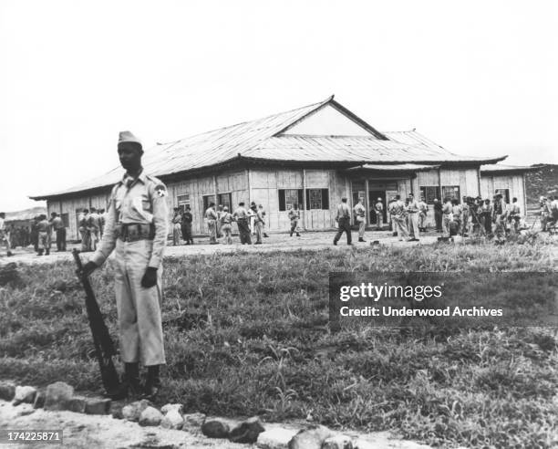 The United Nations Honor Guard at the Armistice Building, Panmunjom, Korea, on the day the armistice that ended the Korean War was signed, July 27,...