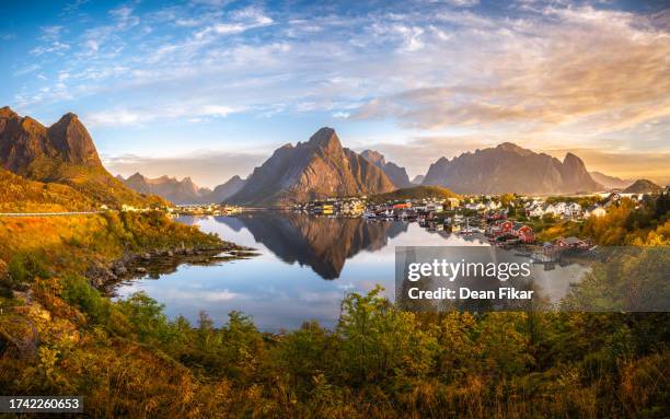 idyllic small norwegian village at dawn - vesteralen stock pictures, royalty-free photos & images