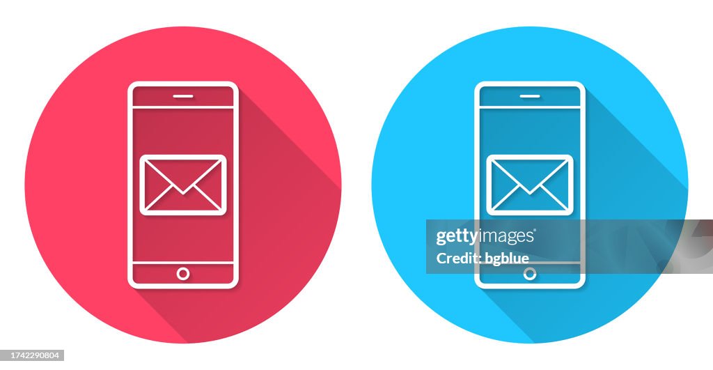 Smartphone with email message. Round icon with long shadow on red or blue background