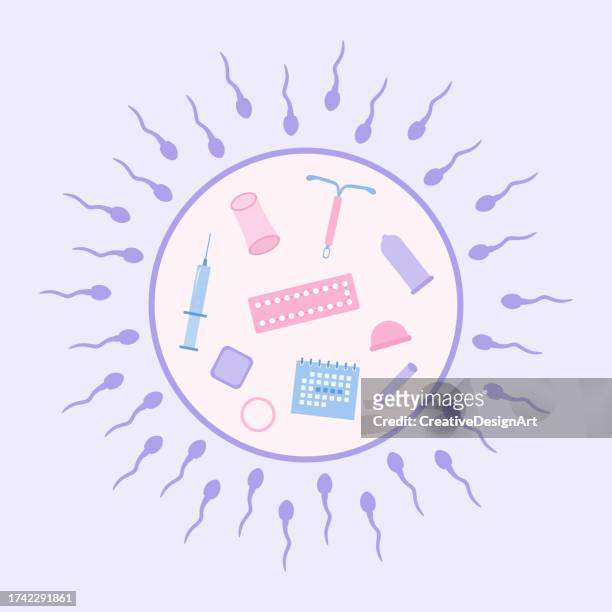 sperm cells and contraception methods.contraceptive patch, intrauterine device, hormonal ring, condom, diaphragm, pills, injection and calendar. sex education, birth control and pregnancy prevention. - contraceptive patch stock illustrations