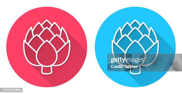 artichoke. round icon with long shadow on red or blue background - artichoke simple stock illustrations