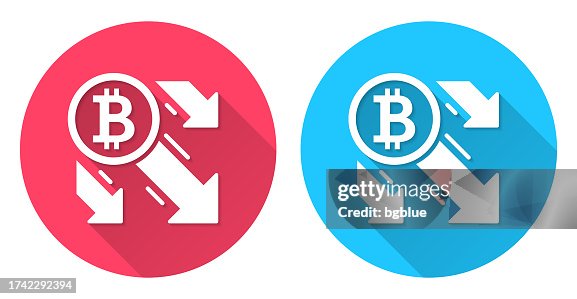 Bitcoin decrease. Round icon with long shadow on red or blue background Bitcoin decrease. Round icon with long shadow on red or blue background