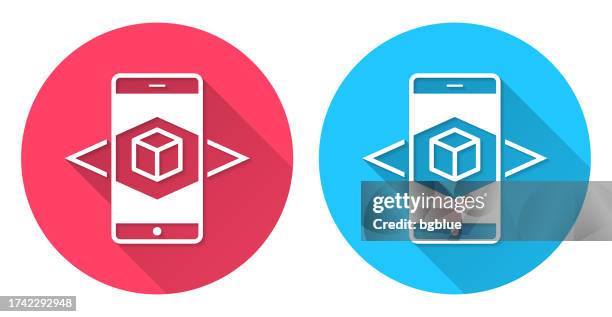 augmented reality with smartphone. round icon with long shadow on red or blue background - 360 tablet stock illustrations