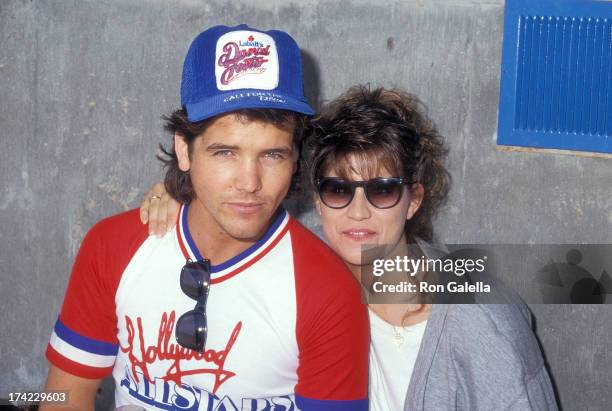 Actor Michael Damian and actress Nancy McKeon attend the Hollywood All-Stars vs. "The Bold & the Beautiful" Celebrity Softball Game on June 13, 1987...