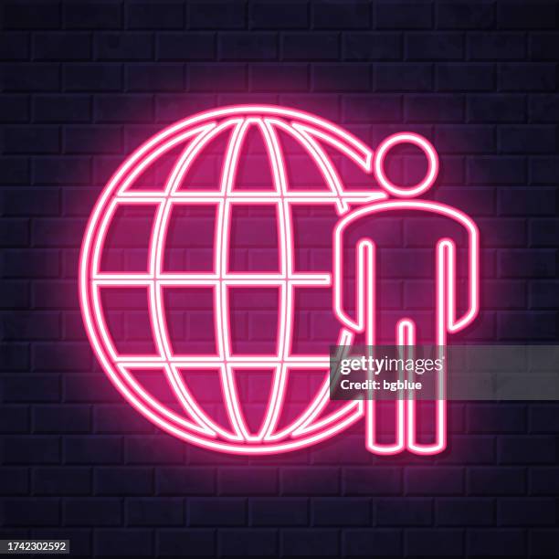 person with globe. glowing neon icon on brick wall background - single red brick stock illustrations