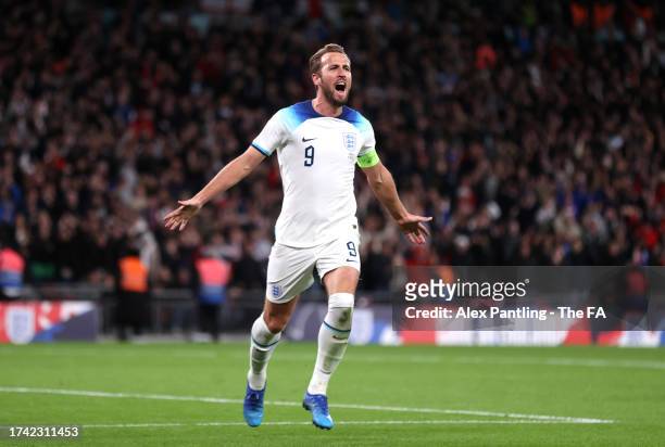 Harry Kane of England celebrates after scoring the team's third goal during the UEFA EURO 2024 European qualifier match between England and Italy at...