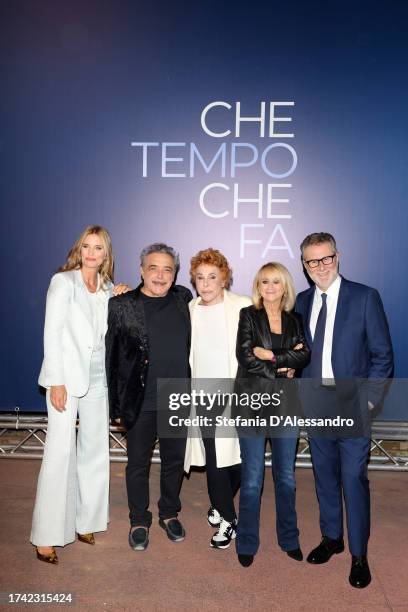 Filippa Lagerback, Nino Frassica, Ornella Vanoni, Luciana Littizzetto and Fabio Fazio attend the tv show "Che Tempo Che Fa" on October 15, 2023 in...