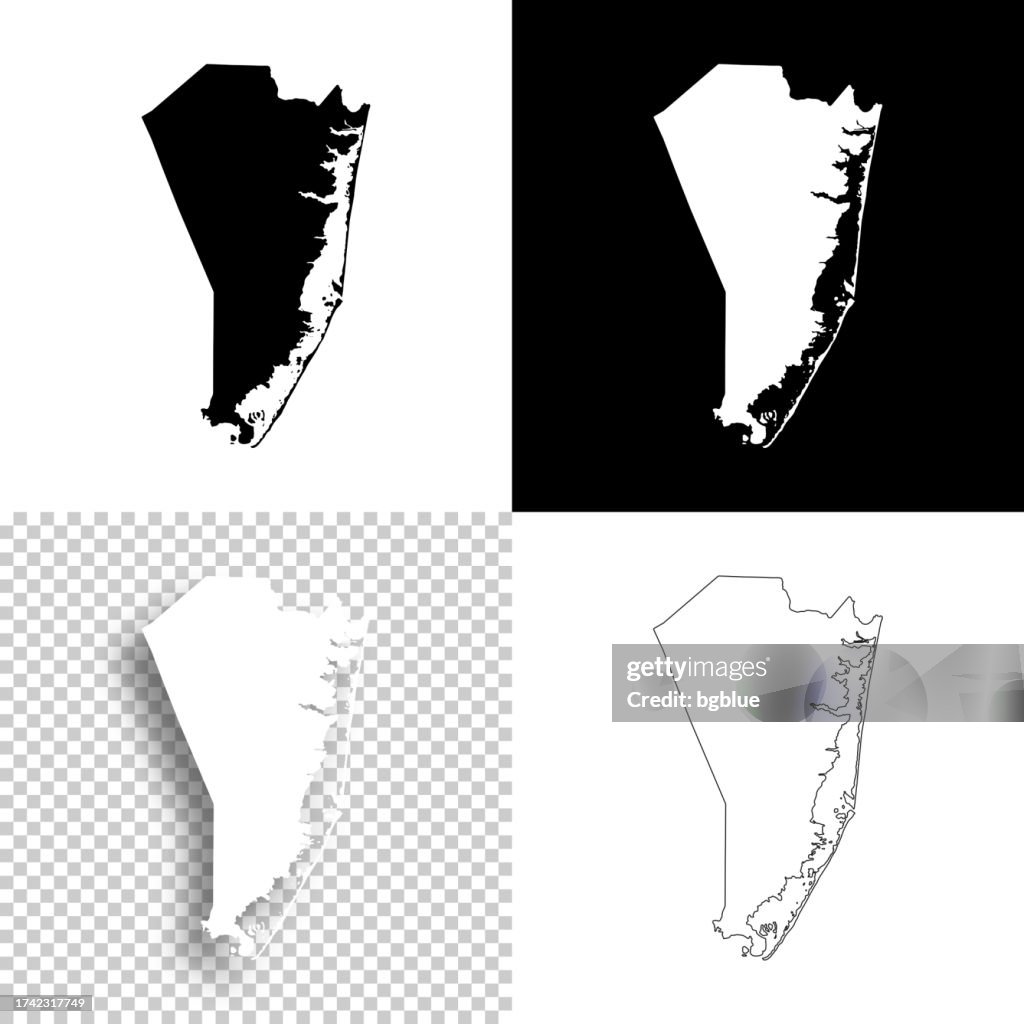 Ocean County, New Jersey. Maps for design. Blank, white and black backgrounds