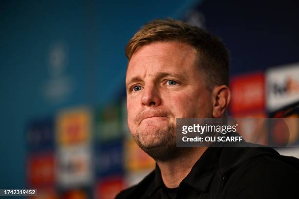Newcastle United's English head coach Eddie Howe reacts during press conference at the team's training facility in Newcastle-upon-Tyne, northeast...