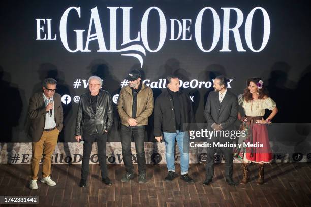 Pinchento, Patricio Wills, Chava Cartas, Plutarco Haza, Jose Ron and Lucero speak during the premiere of `El Gallo de Oro´ serie at Restauramte...