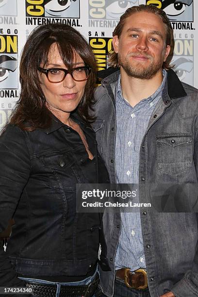 Actress Katey Sagal and actor Charlie Hunnam attend the "Sons of Anarchy" press line during day 4 of Comic-Con International on July 21, 2013 in San...