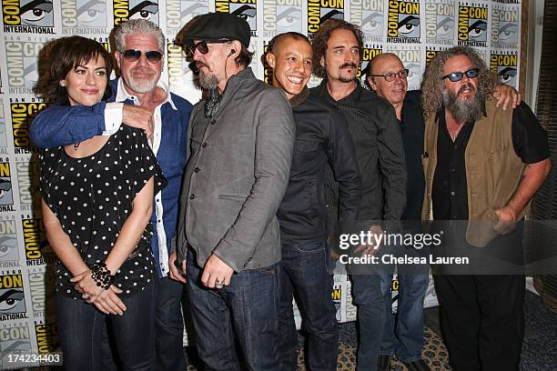 Actors Maggie Siff, Ron Perlman, Tommy Flanagan, Theo Rossi, Kim Coates, Dayton Callie and Mark Boone Junior attend the "Sons of Anarchy" press line...