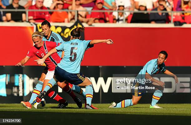 Solveig Gulbrandsen of Norway and Ruth Garcia of Spain battle for the ball during the UEFA Women's Euro 2013 quarter final match between Norway and...