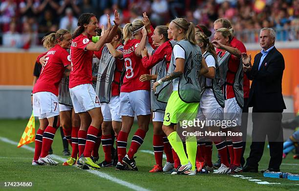 The team of Norway celebrate their opening goal during the UEFA Women's Euro 2013 quarter final match between Norway and Spain at Kalmar Arena on...