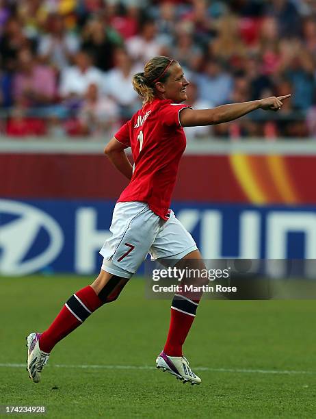 Tine Roenning of Norway celebrates their team's opening goal during the UEFA Women's Euro 2013 quarter final match between Norway and Spain at Kalmar...