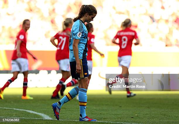 Irene Paredes of Spain looks dejected after she scores an own goal during the UEFA Women's Euro 2013 quarter final match between Norway and Spain at...