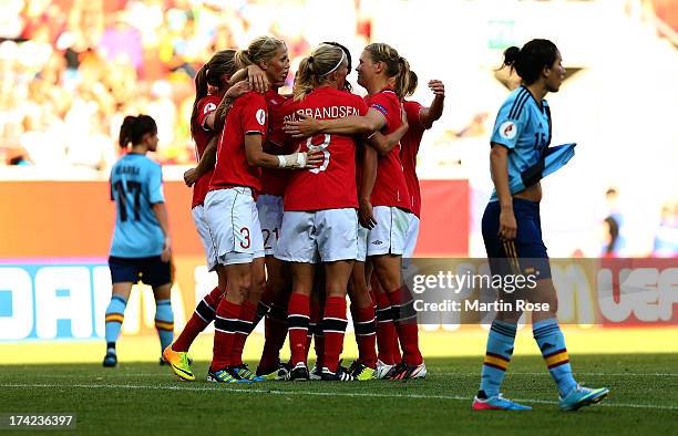 Silvia Meseguer of Spain reacts as Norway celebrate their second goal during the UEFA Women's Euro 2013 quarter final match between Norway and Spain...