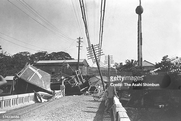 Fishboat is washed away by the tsunami following the Great Kanto Earthquake in September 1923 in Ito, Shizuoka, Japan. The estimated Magnitude 7.9...