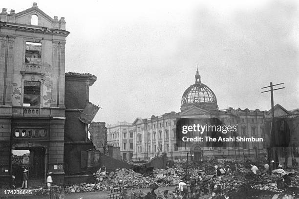 Yokohama Specie Bank stands after the earthquake, but burnt inside the building in September 1923 in Yokohama, Kanagawa, Japan. The estimated...