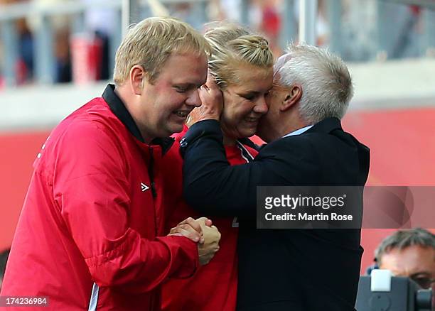 Ada Hegerberg of Norway celebrate with head coach Even Pellerud during the UEFA Women's Euro 2013 quarter final match between Norway and Spain at...