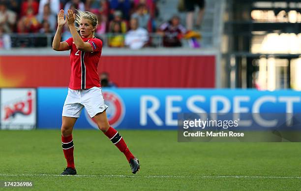 Ada Hegerberg of Norway reactsl during the UEFA Women's Euro 2013 quarter final match between Norway and Spain at Kalmar Arena on July 22, 2013 in...