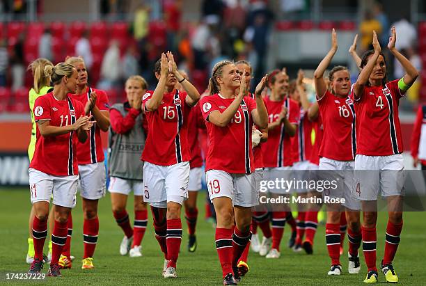 Ingvild Isaksen of Norway celebrates after the UEFA Women's Euro 2013 quarter final match between Norway and Spain at Kalmar Arena on July 22, 2013...