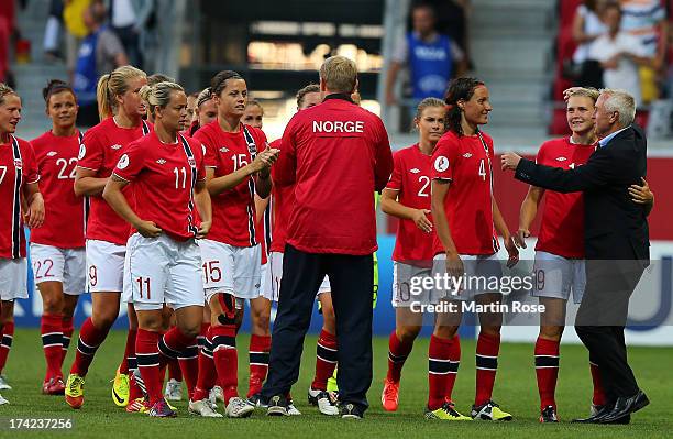 Even Pellerud , head coach of Norway celebrate with his team after the UEFA Women's Euro 2013 quarter final match between Norway and Spain at Kalmar...