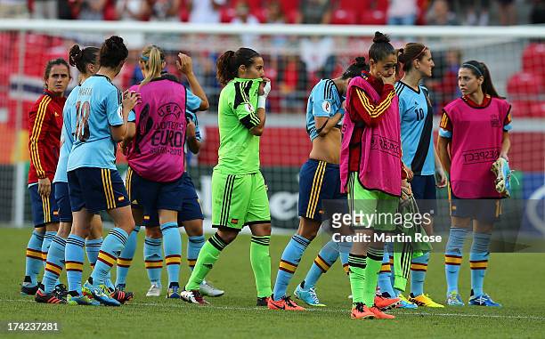 Ainhoa Tirapu , goalkeeper of Spain looks dejected after the UEFA Women's Euro 2013 quarter final match between Norway and Spain at Kalmar Arena on...