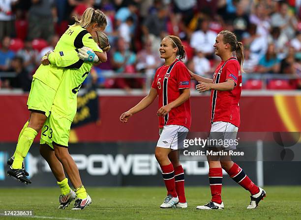 Toril Akerhaugen of Norway celebrate with team mate Kristine Hegland after the UEFA Women's Euro 2013 quarter final match between Norway and Spain at...