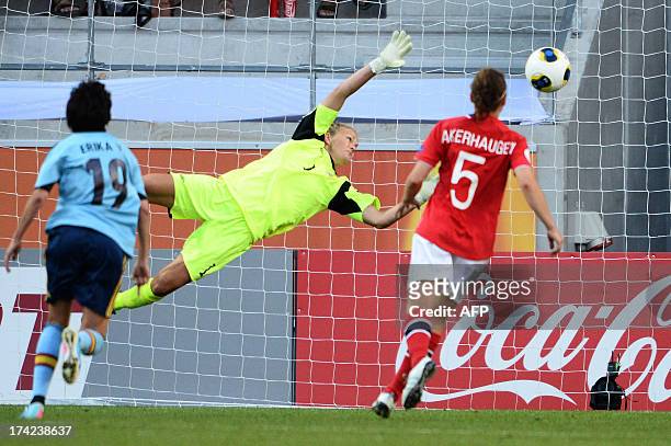 Norway's goalkeeper Ingrid Hjelmseth fails to save a ball during the UEFA Women's European Championships Euro 2013 quarter- final match between...