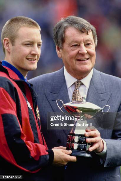 Blackburn Rovers player David Batty receives the player of the year award from Chairman Jack Walker prior to a Premier League match against Ipswich...