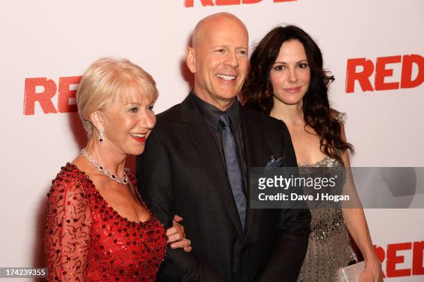 Dame Helen Mirren, Bruce Willis and Mary Louise-Parker attend the European premiere of 'Red 2' at The Empire Leicester Square on July 22, 2013 in...