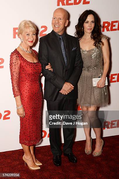 Dame Helen Mirren, Bruce Willis and Mary Louise-Parker attend the European premiere of 'Red 2' at The Empire Leicester Square on July 22, 2013 in...