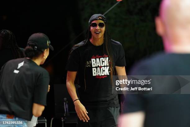 Kiah Stokes of the Las Vegas Aces celebrate during the 2023 WNBA championship victory parade and rally on the Las Vegas Strip on October 23, 2023 in...