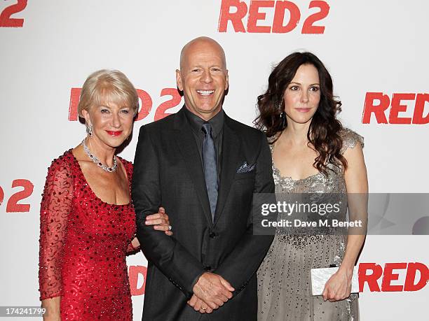 Dame Helen Mirren, Bruce Willis and Mary-Louise Parker attend the European Premiere of 'Red 2' at the Empire Leicester Square on July 22, 2013 in...